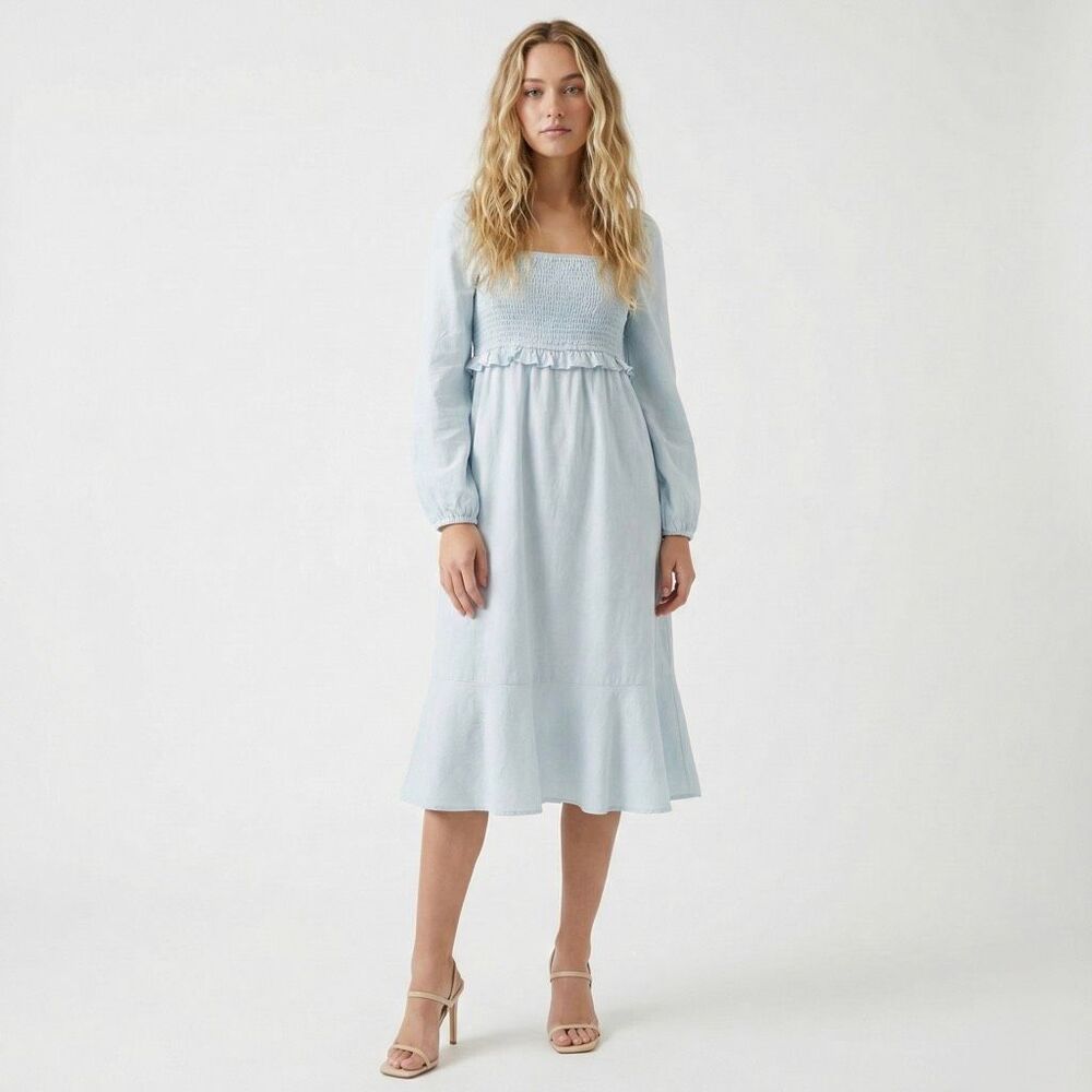 7 For All Mankind Light Blue Smocked Midi Dress 100% cotton/linen blend